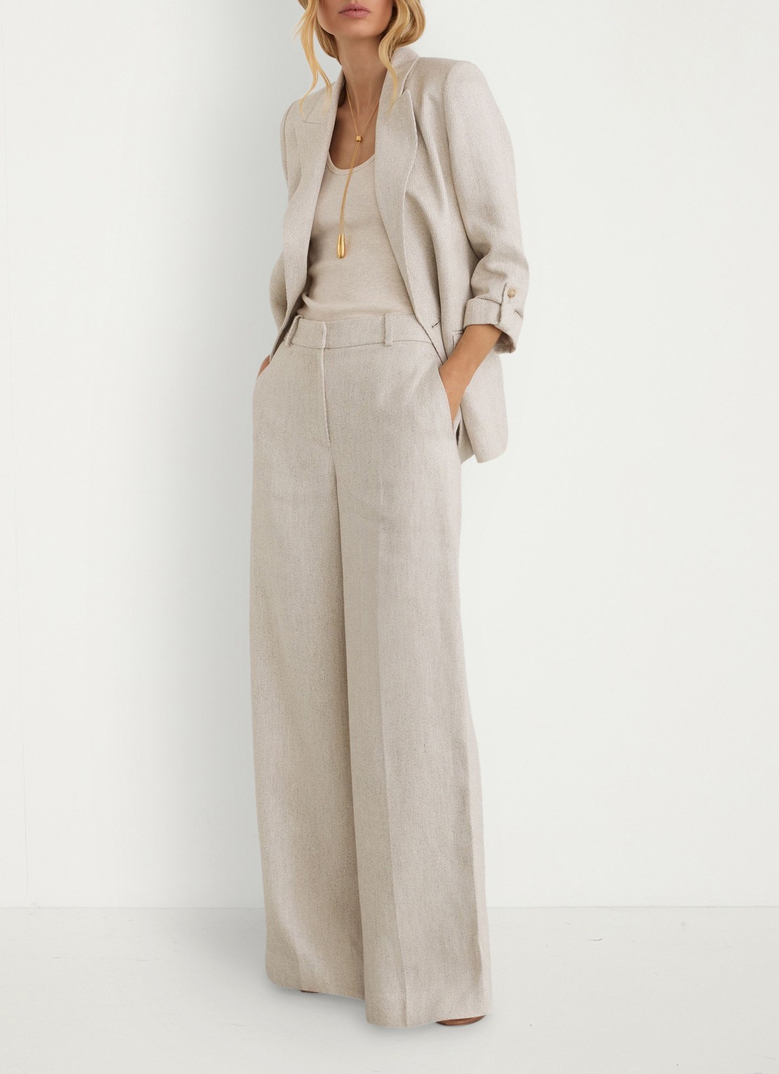 Reiss Nolah high waist wide fit pantalon in linnenblend - voorkant 7 naturel