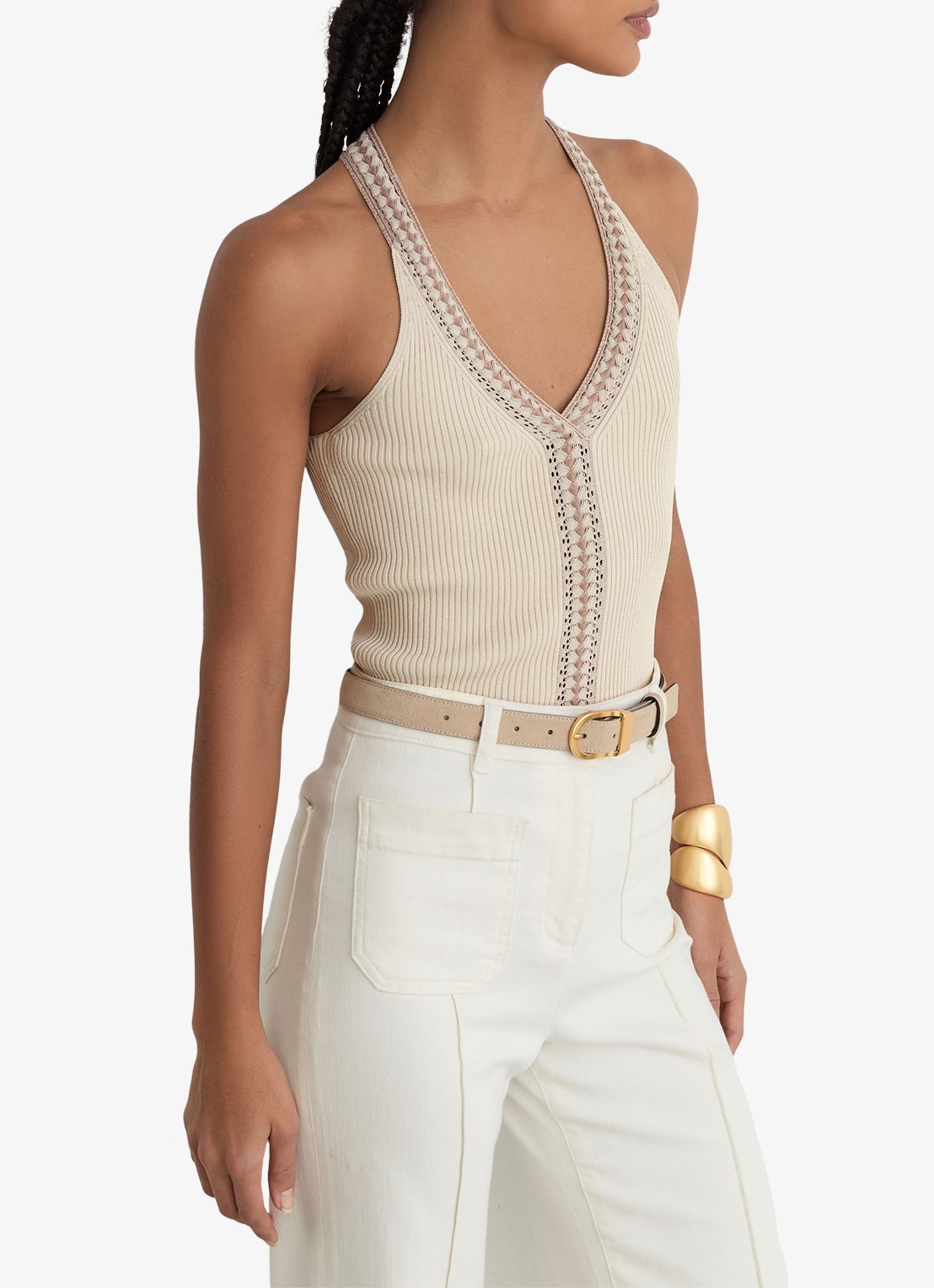 Reiss Nora top met ribstructuur - detail 4 creme