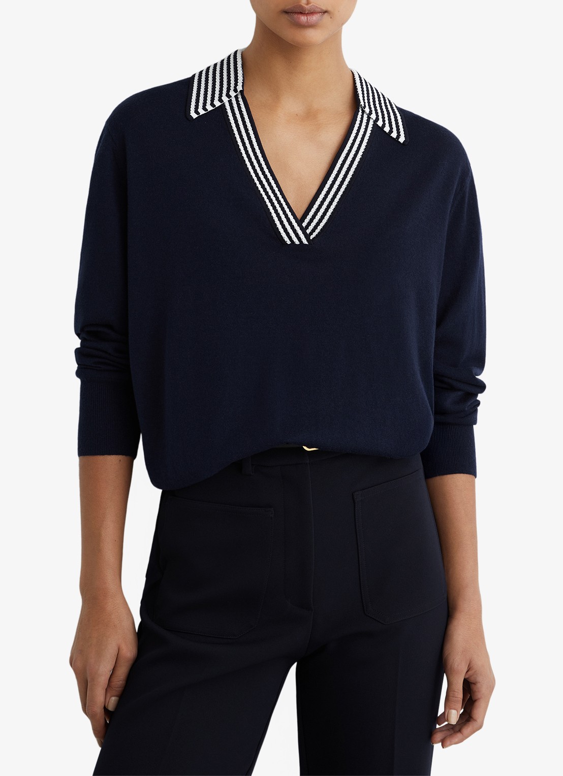 Reiss Nova fijngebreide trui van merino wol - detail 4 donkerblauw