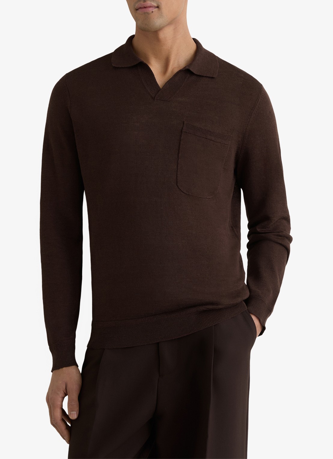 Reiss Oaklands regular fit polo van linnen - detail 3 chocoladebruin