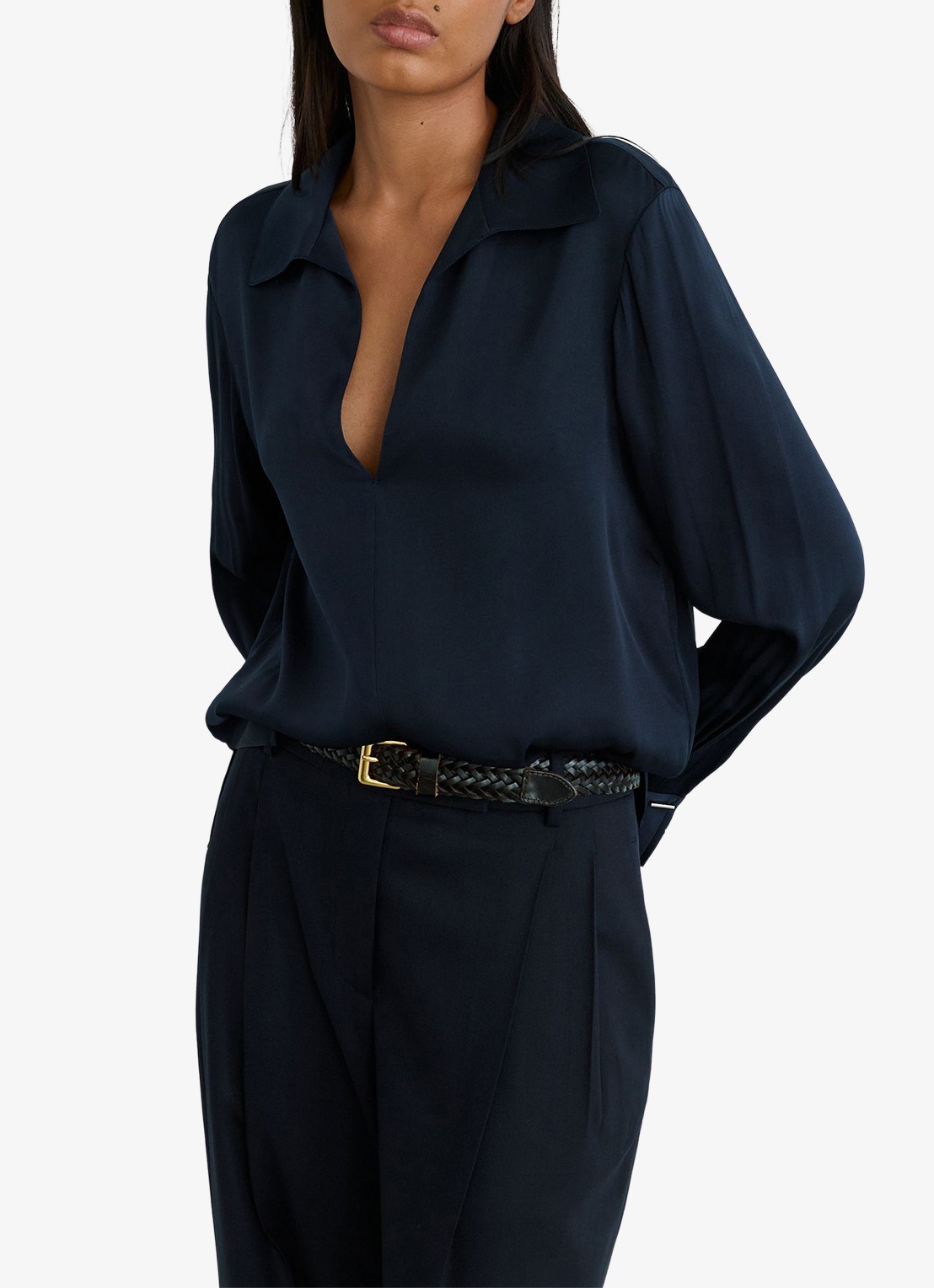 Reiss Orla tuniek in zijdeblend met kraag - detail blauw