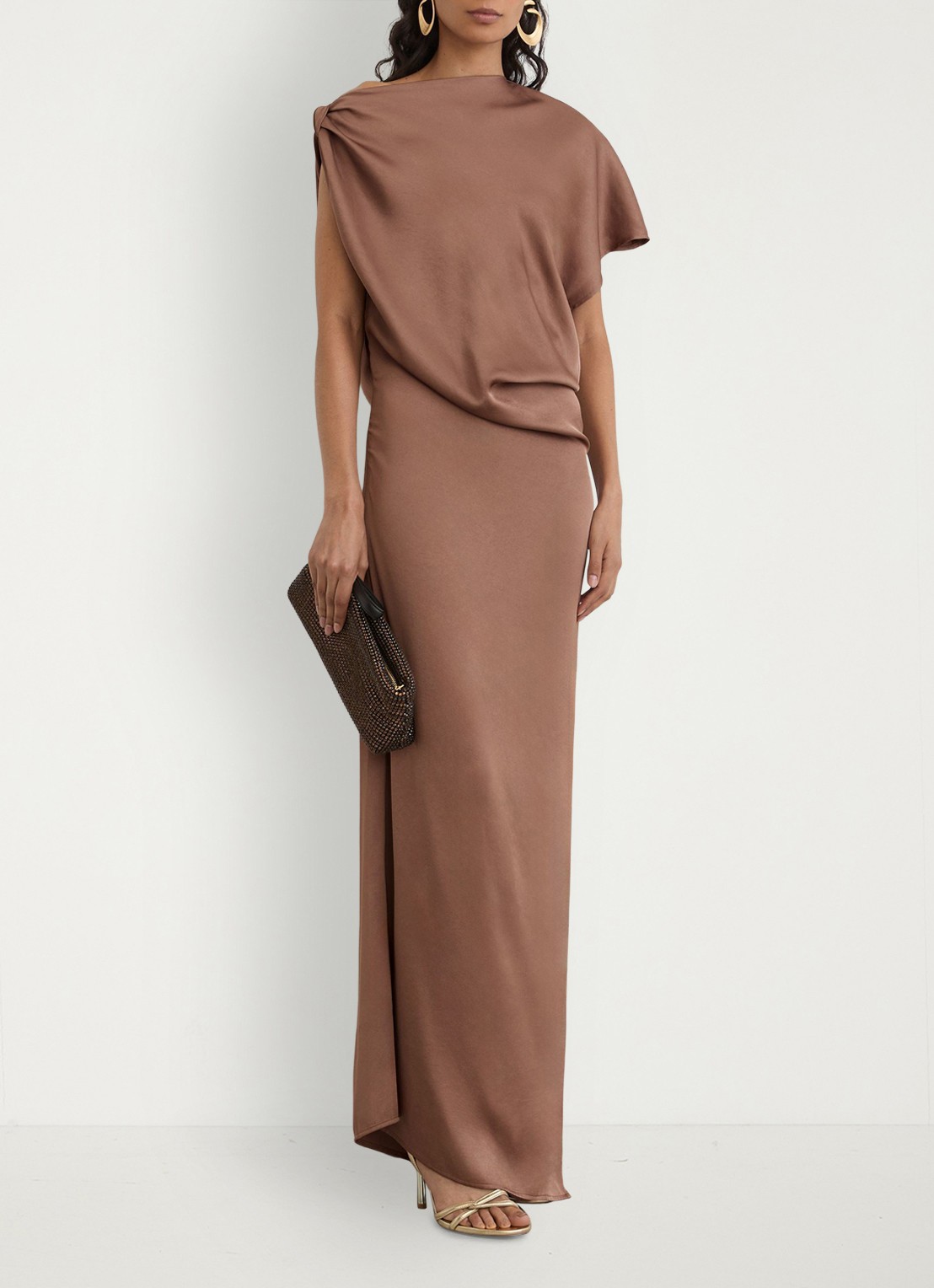 Reiss Paige maxi jurk met asymmetrische hals - voorkant 7 taupe