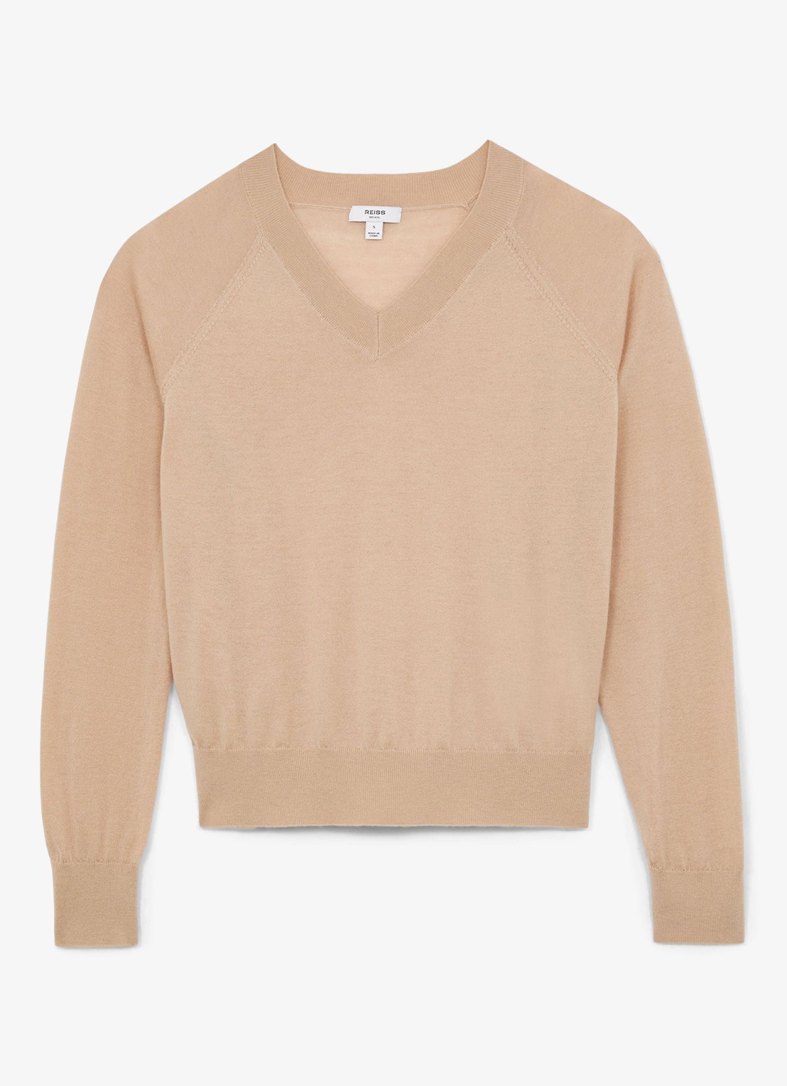 Reiss Paris fijngebreide pullover in merino wolblend - voorkant camel