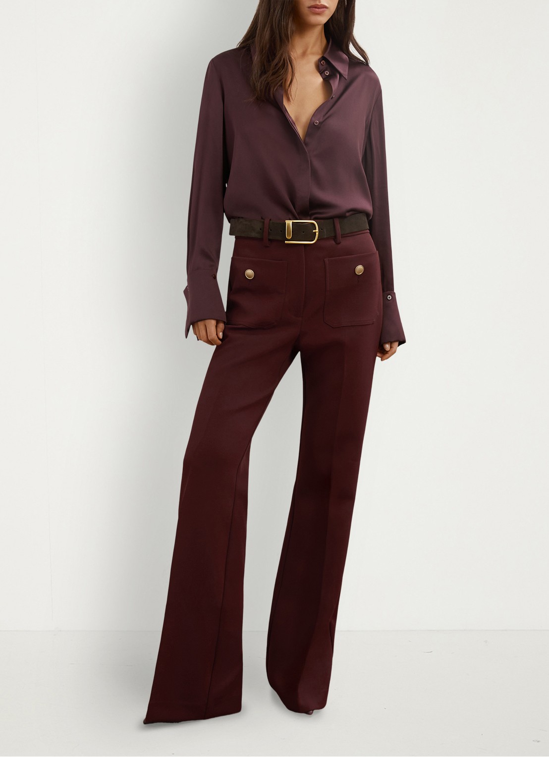 Reiss Parisa mid waist flared fit broek met opgestikte zakken - voorkant 2 donkerrood