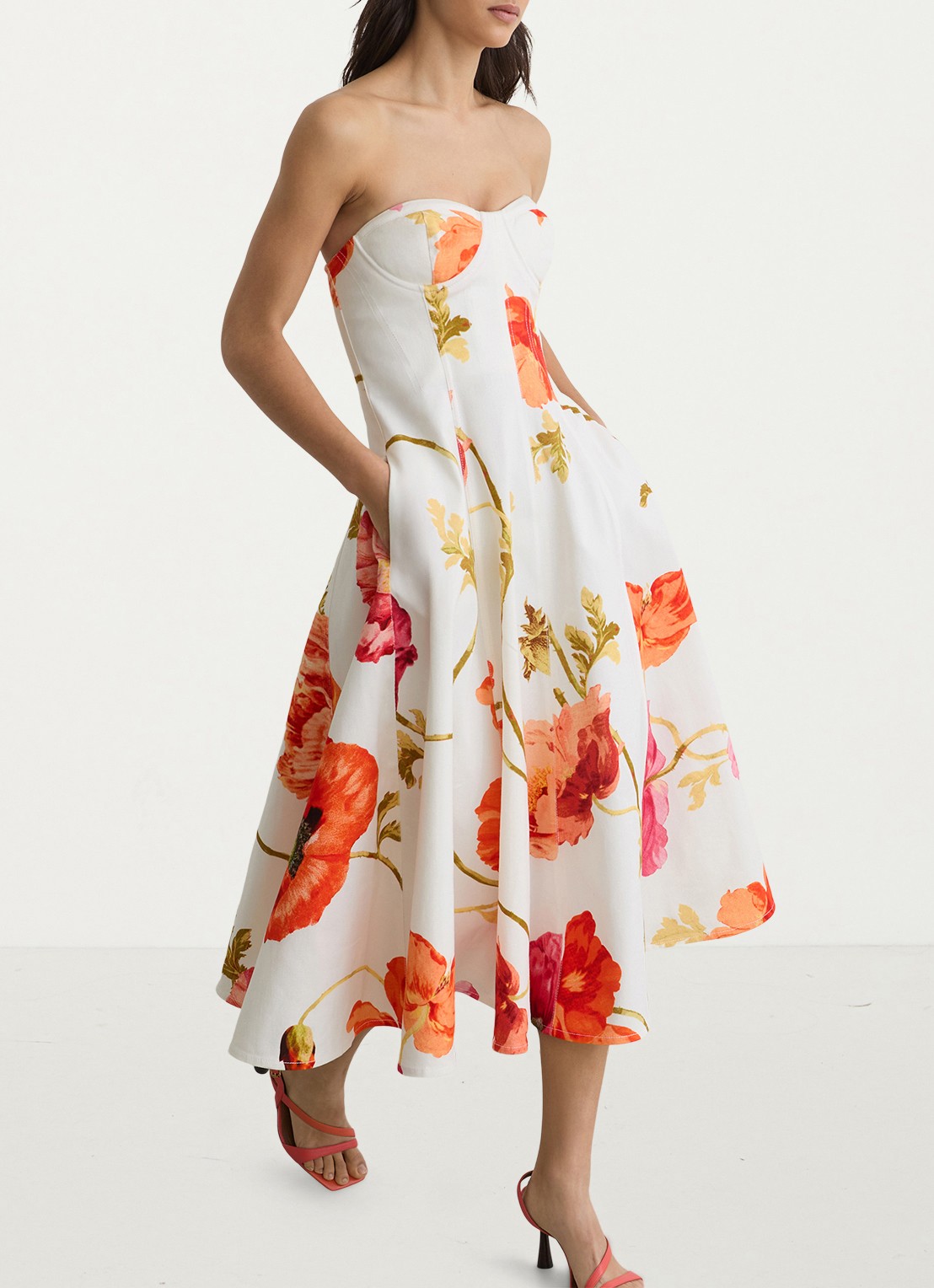 Reiss Penelope midi jurk met steekzakken en bloemenprint - detail 4 creme