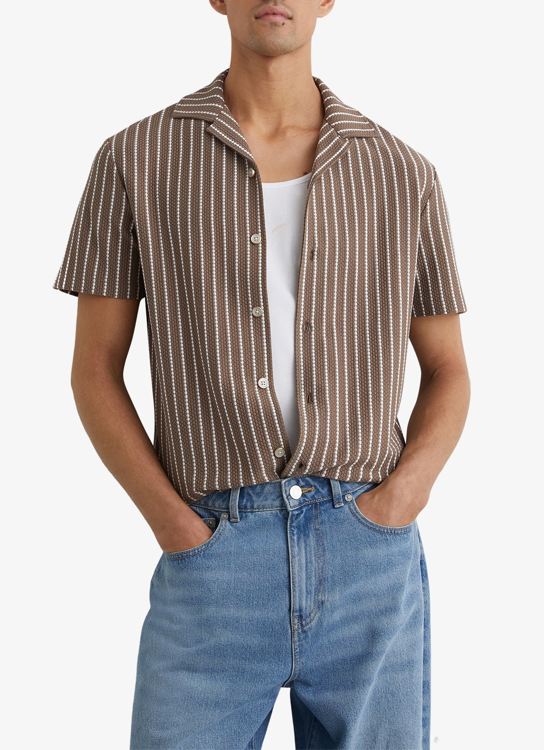 Reiss Percy overhemd met streepprint en structuur  - detail 4 bruin