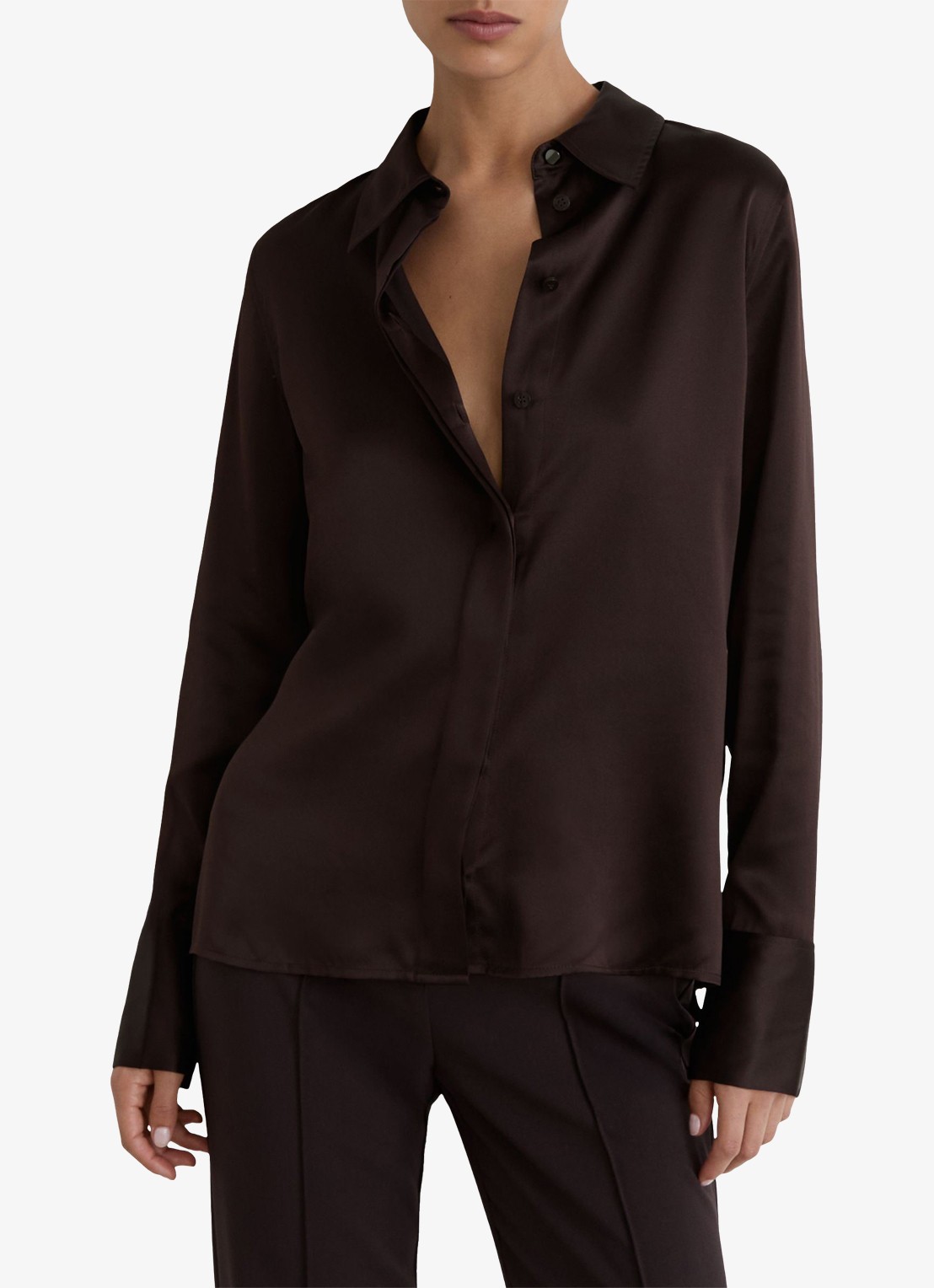 Reiss Petite ameira blouse van zijde  - detail donkerbruin