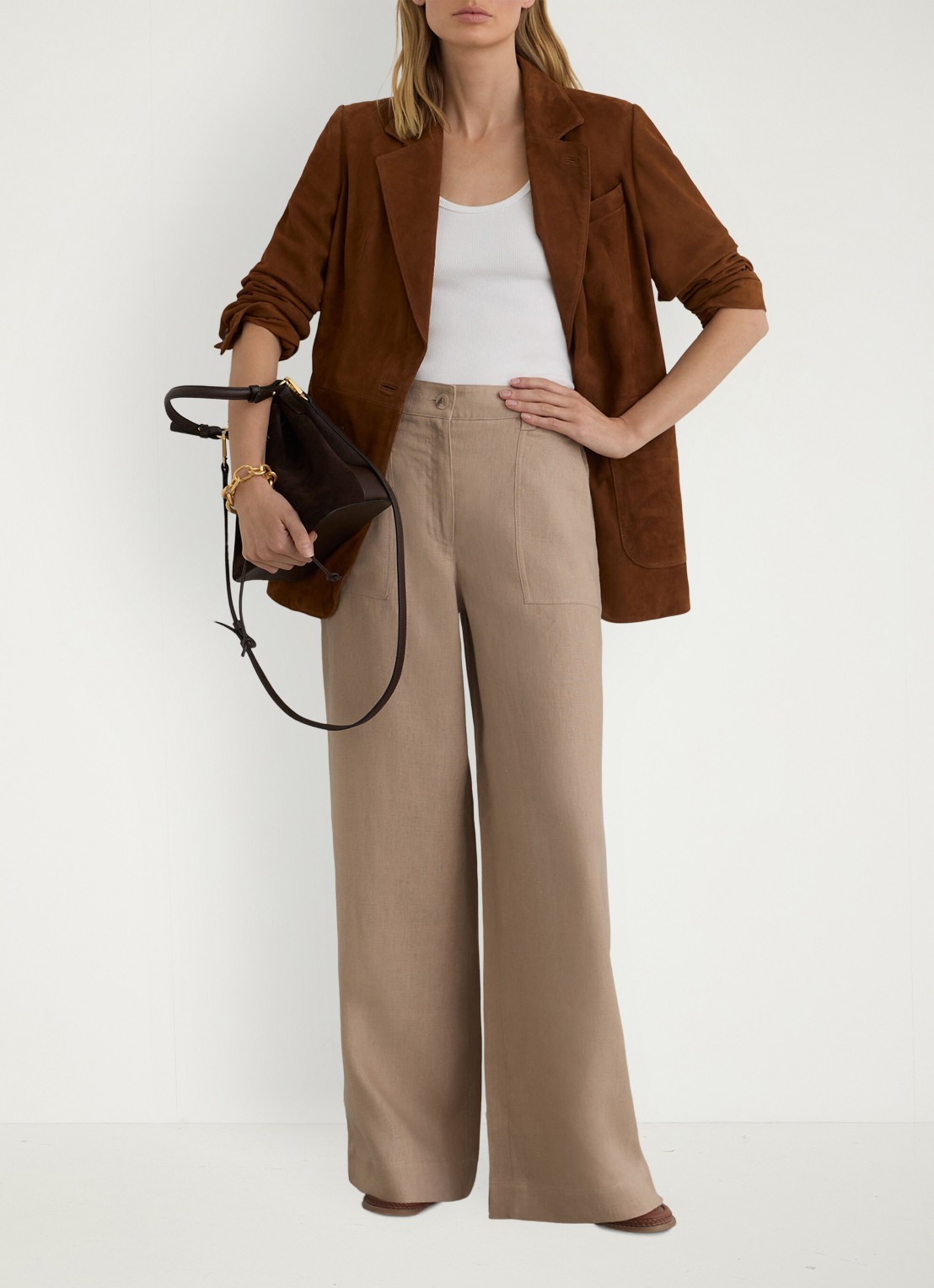 Reiss Petite Ashby high waist loose fit pantalon met steekzakken - voorkant 2 naturel
