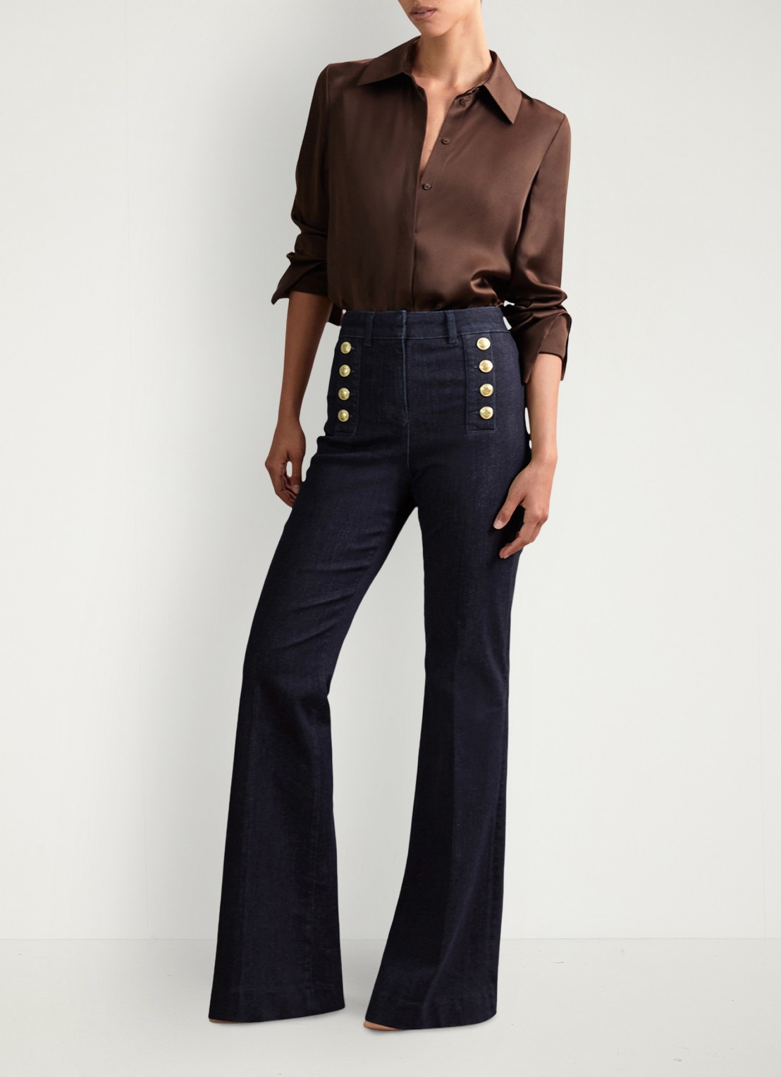 Reiss Petite Athena high wasit flared jeans met sierknopen - voorkant 2 indigo