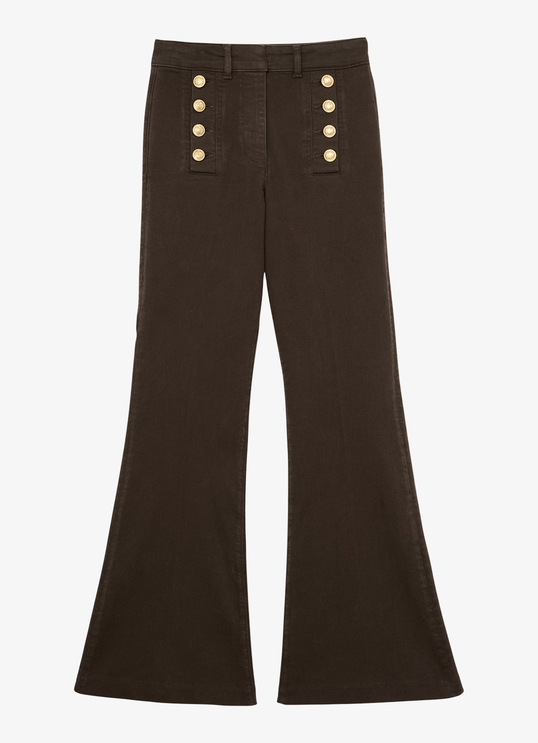 Reiss Petite Athena mid waist flared jeans met sierknopen  - voorkant bruin