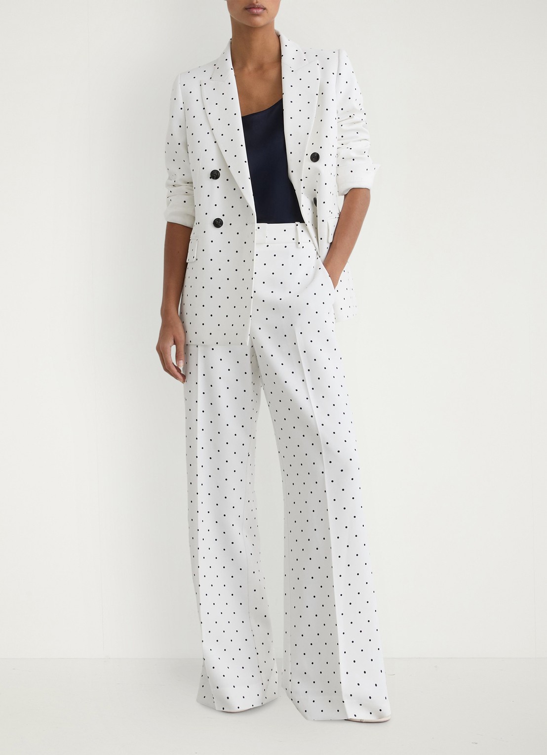 Reiss Petite Beatrix high waist wide fit pantalon met stippenprint - voorkant 3 donkerblauw