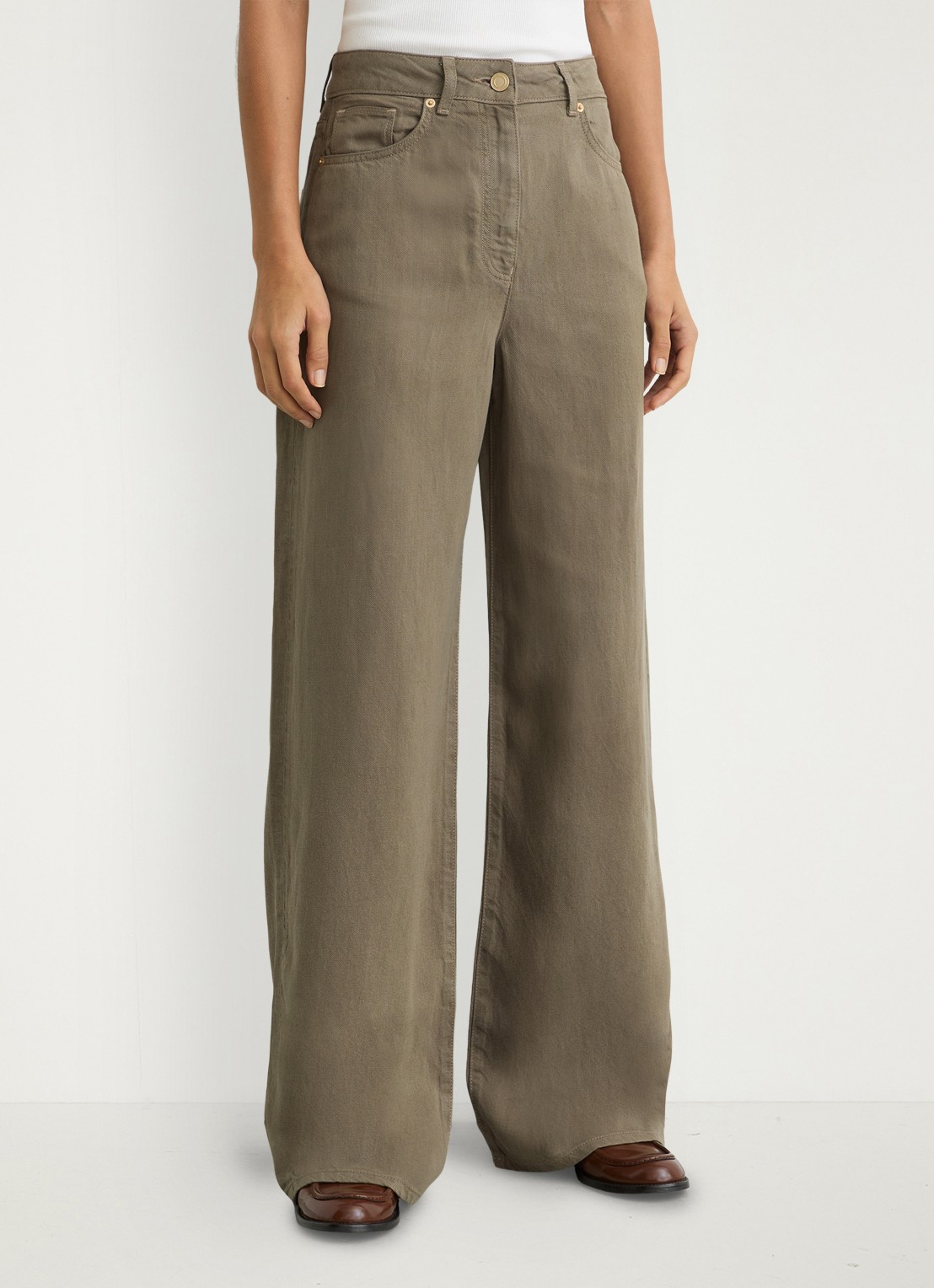 Reiss Petite Carmen high waist wide fit pantalon in linnenblend - detail 3 khaki