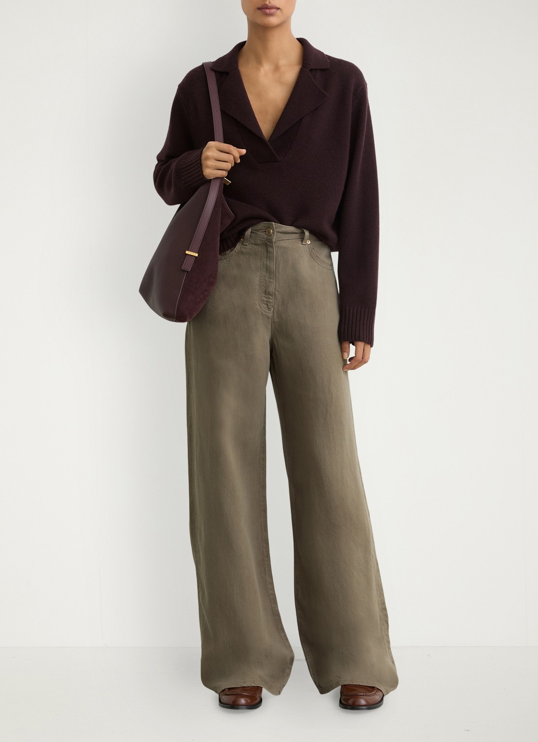 Reiss Petite Carmen high waist wide fit pantalon in linnenblend - voorkant 2 khaki