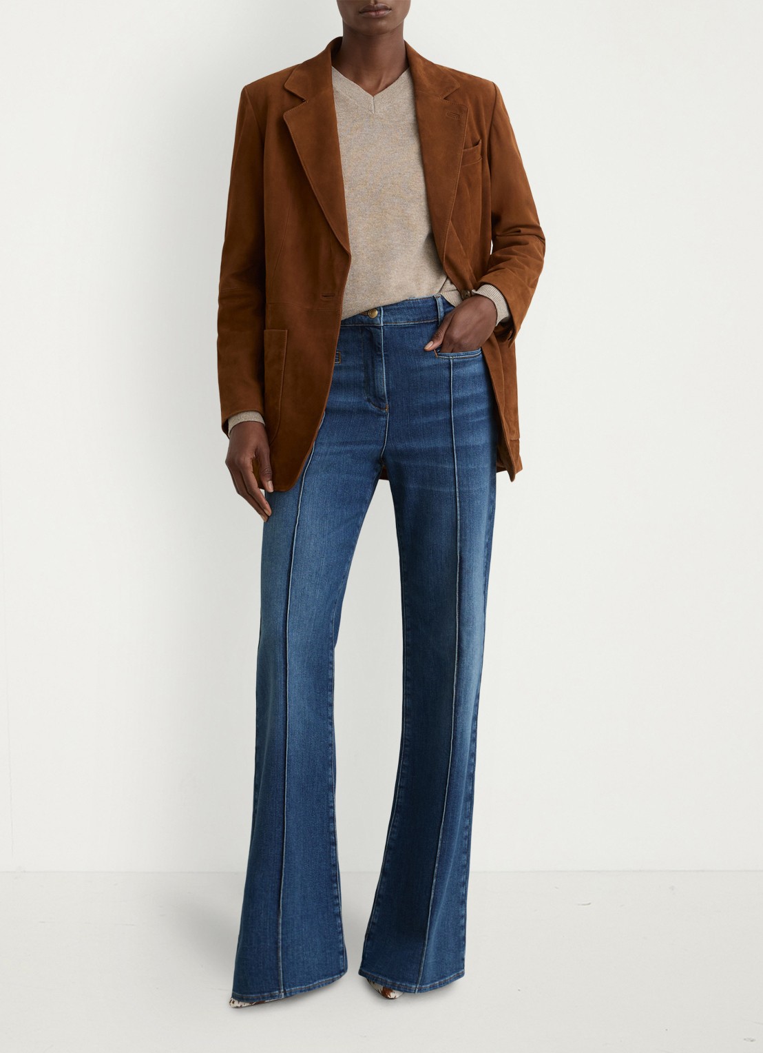 Reiss PETITE CLAUDE Pintuck-Detail Flared Jeans - voorkant 3 donkerblauw