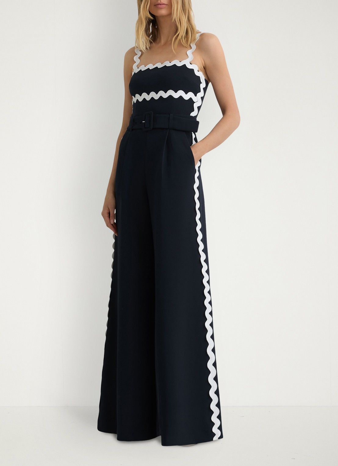 Reiss Petite Dash wide leg jumpsuit met ceintuur - voorkant 7 donkerblauw