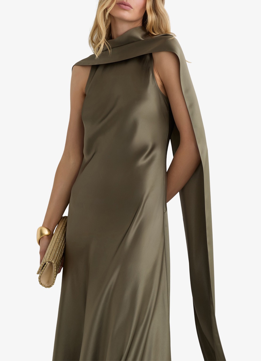 Reiss Petite Fae maxi jurk met sjaalkraag - detail 3 khaki