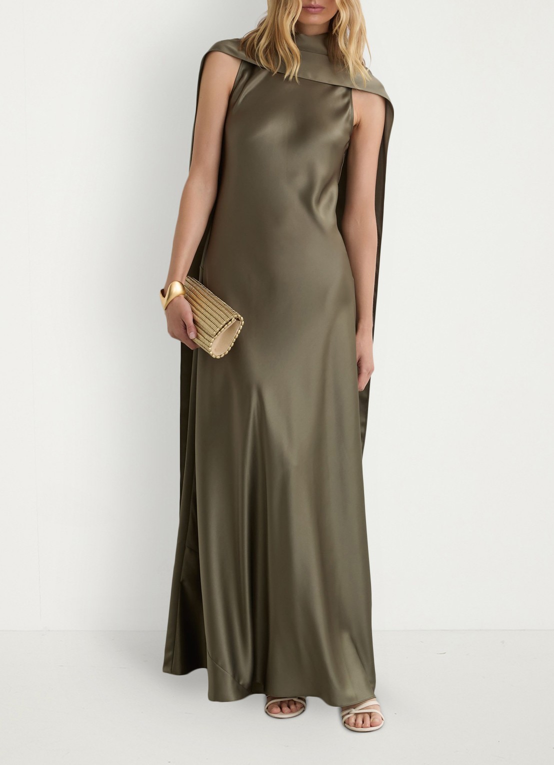 Reiss Petite Fae maxi jurk met sjaalkraag - detail 6 khaki