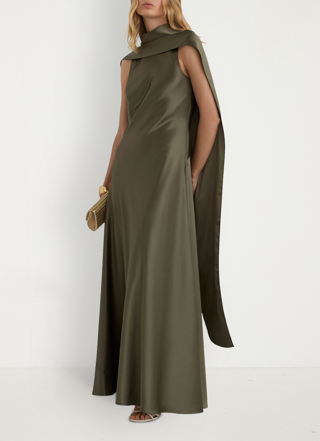 Reiss Petite Fae maxi jurk met sjaalkraag - voorkant 2 khaki