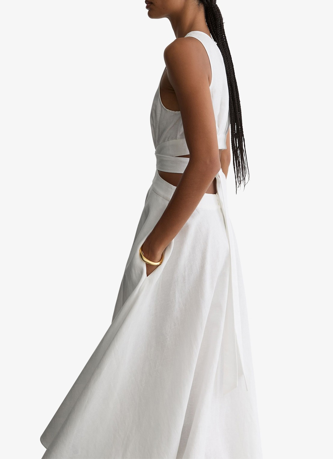 Reiss Petite Hazel midi jurk in linnenblend met cut-out detail - detail 5 wit