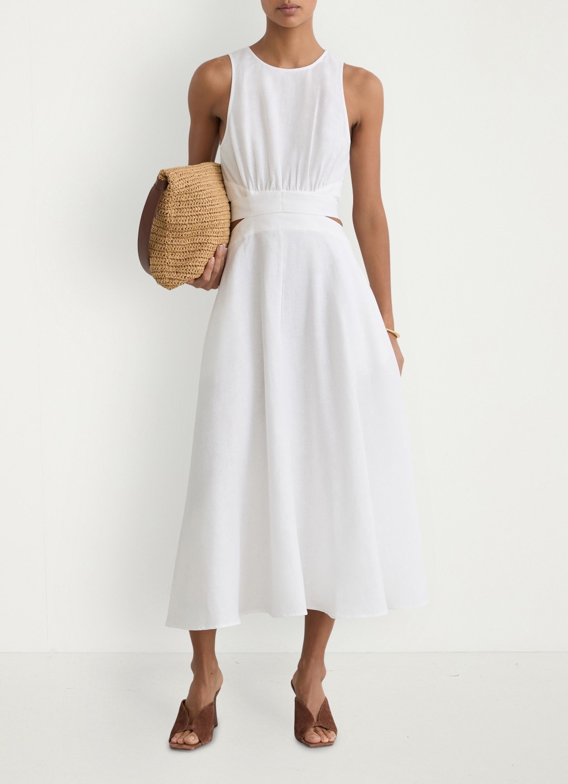 Reiss Petite Hazel midi jurk in linnenblend met cut-out detail - voorkant 3 wit