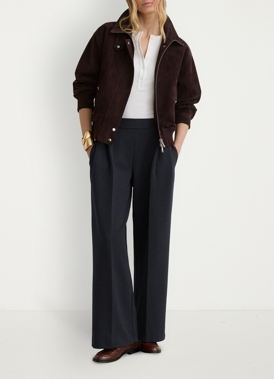 Reiss Petite high waist wide fit pantalon met streepprint - detail 5 donkerblauw