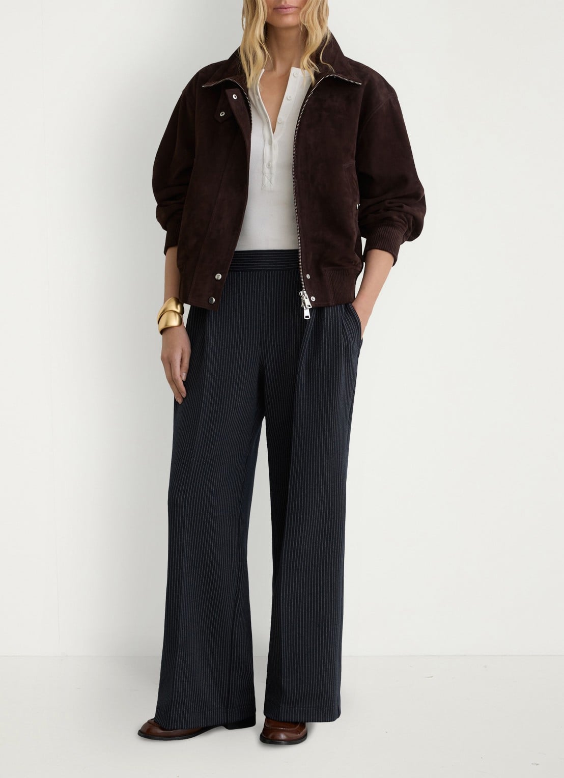 Reiss Petite high waist wide fit pantalon met streepprint - voorkant 2 donkerblauw