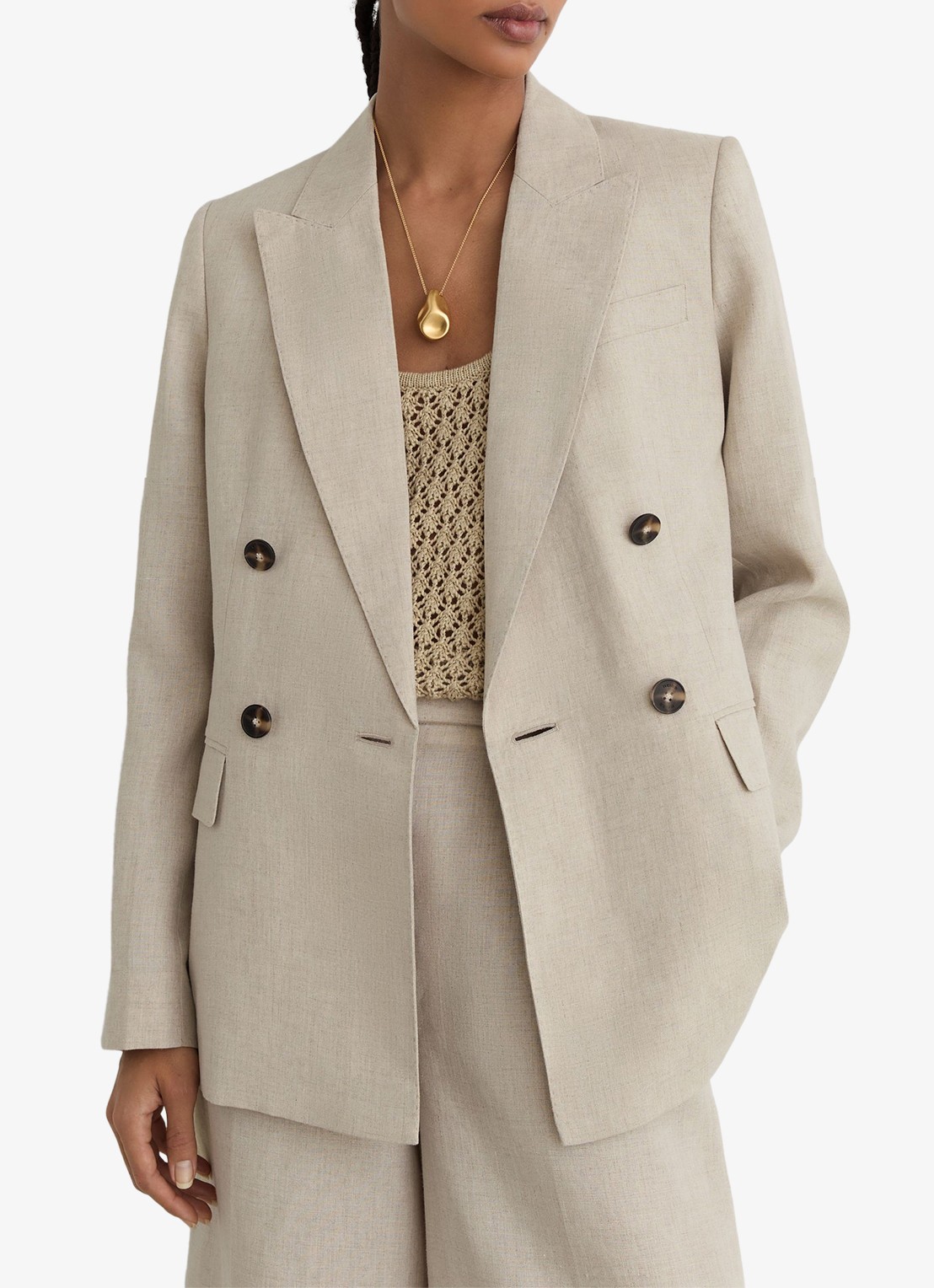 Reiss Petite kit Double-breasted blazer van linnen - detail creme