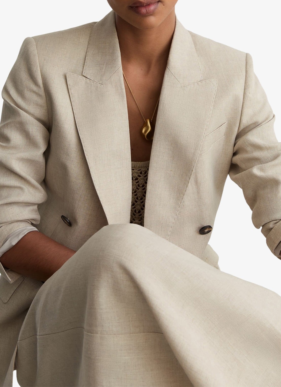 Reiss Petite kit Double-breasted blazer van linnen - detail 5 creme