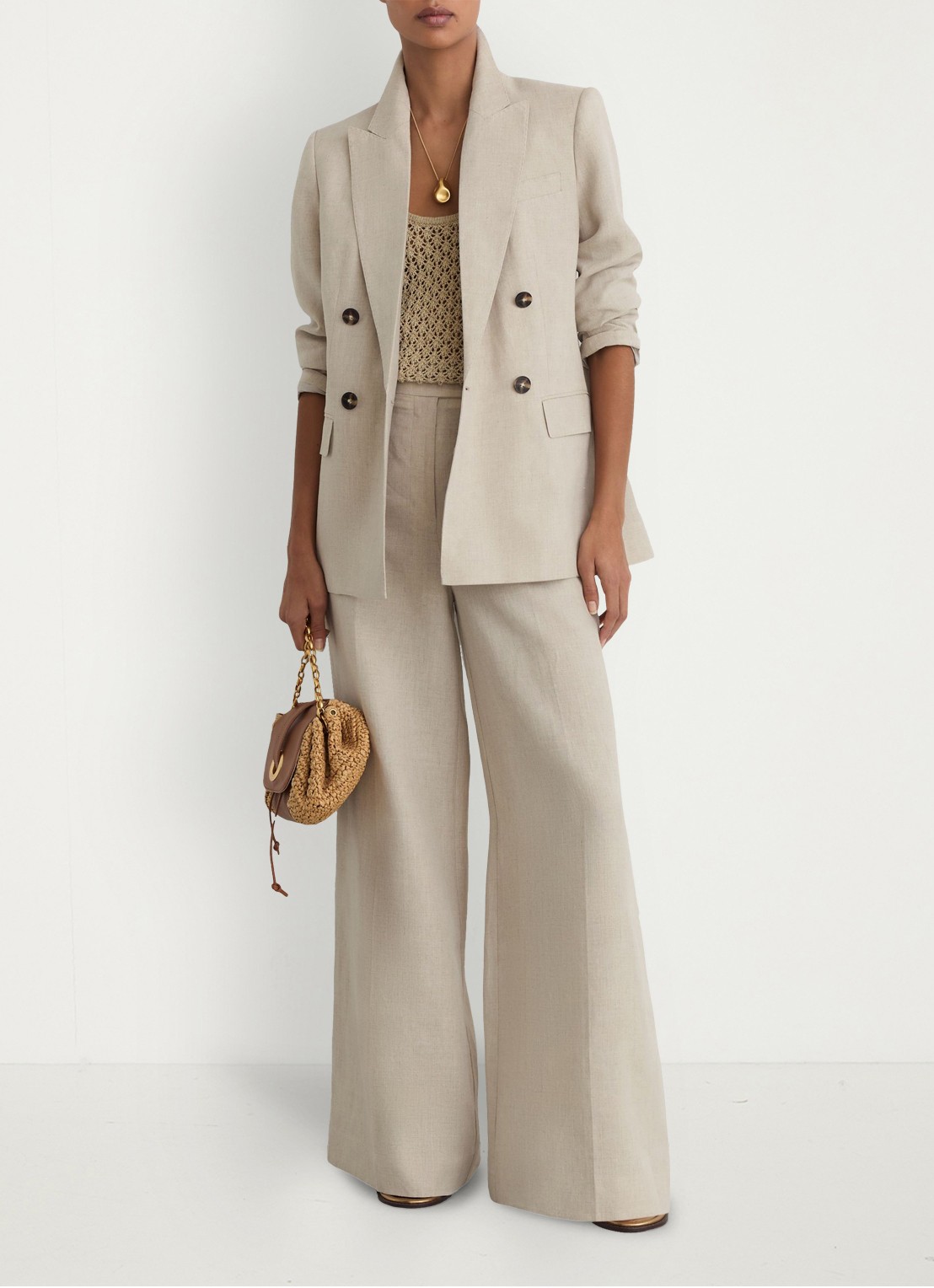 Reiss Petite kit Double-breasted blazer van linnen - voorkant 8 creme