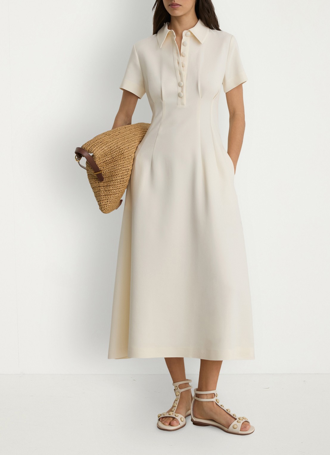 Reiss Petite Mari midi jurk met plooien - voorkant 7 creme