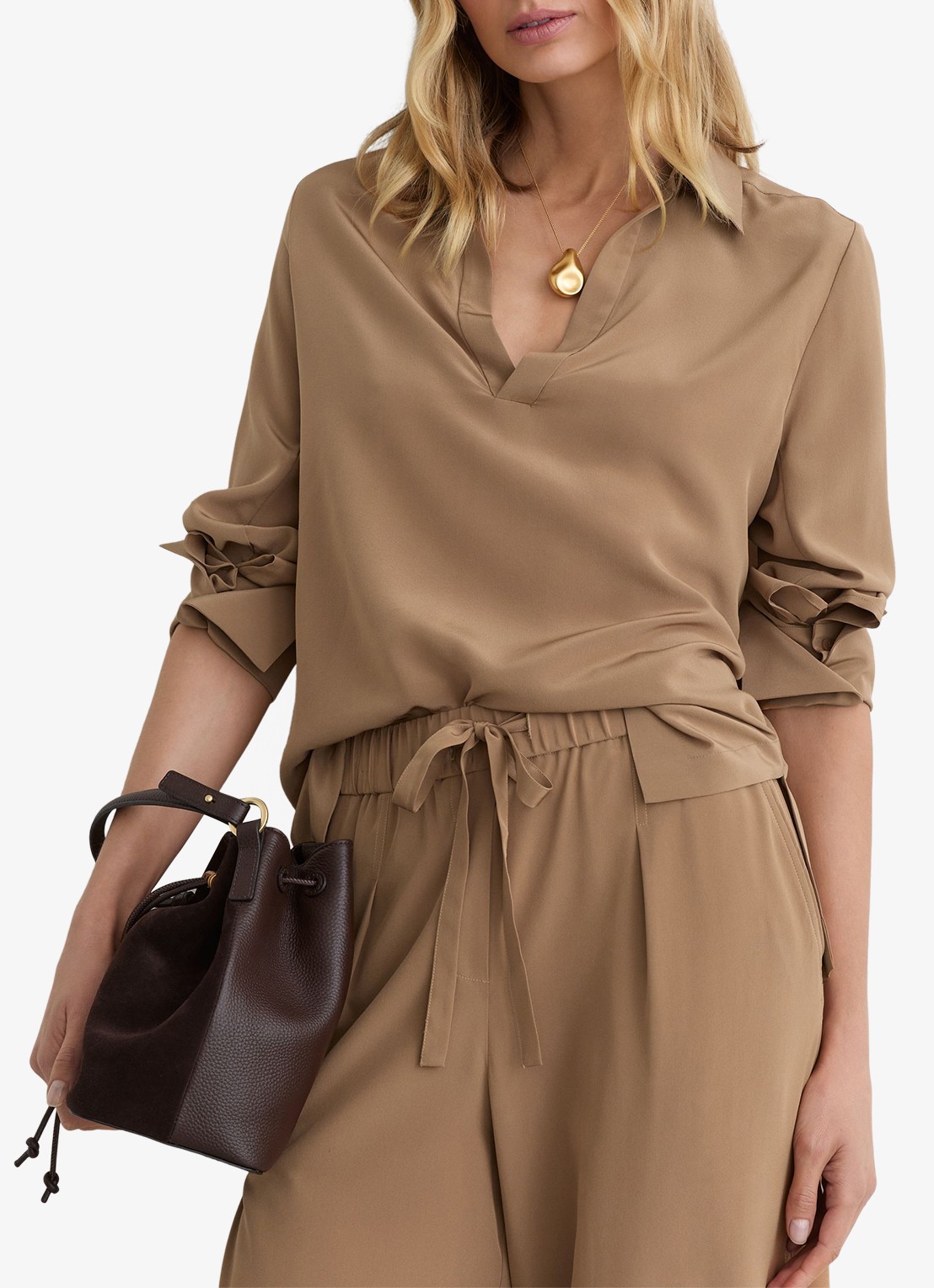 Reiss Petite Maria high waist wide fit pantalon van zijde - detail 5 camel