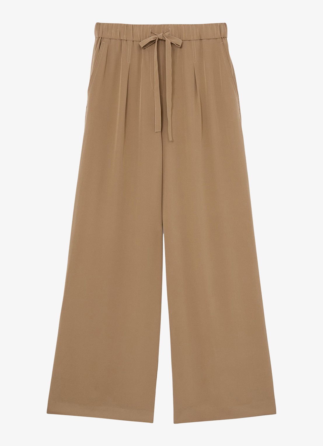 Reiss Petite Maria high waist wide fit pantalon van zijde - voorkant camel