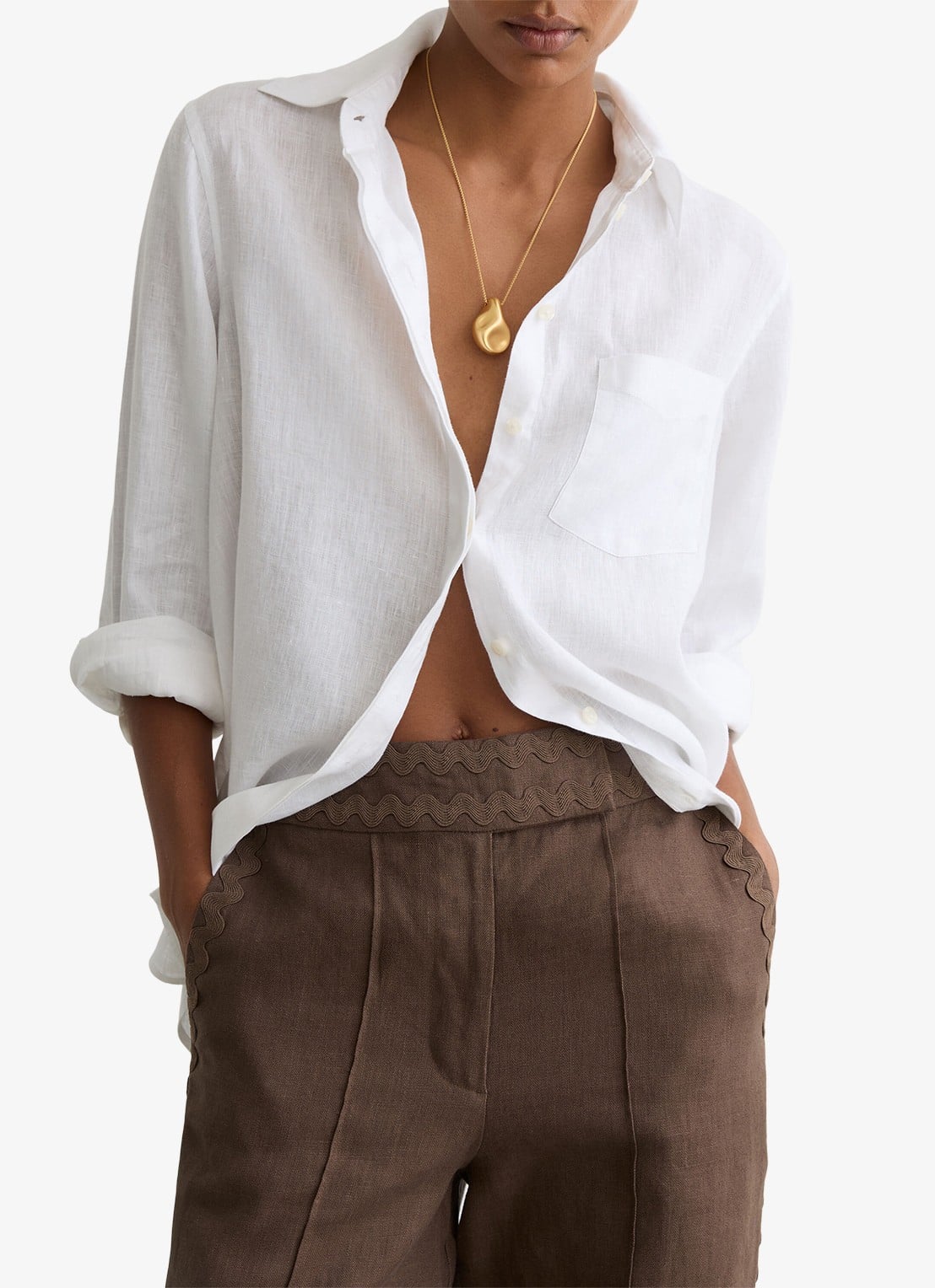 Reiss Petite mid waist tapered fit pantalon van linnen - detail 4 bruin