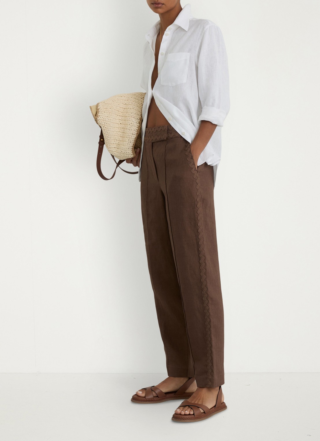 Reiss Petite mid waist tapered fit pantalon van linnen - voorkant 2 bruin