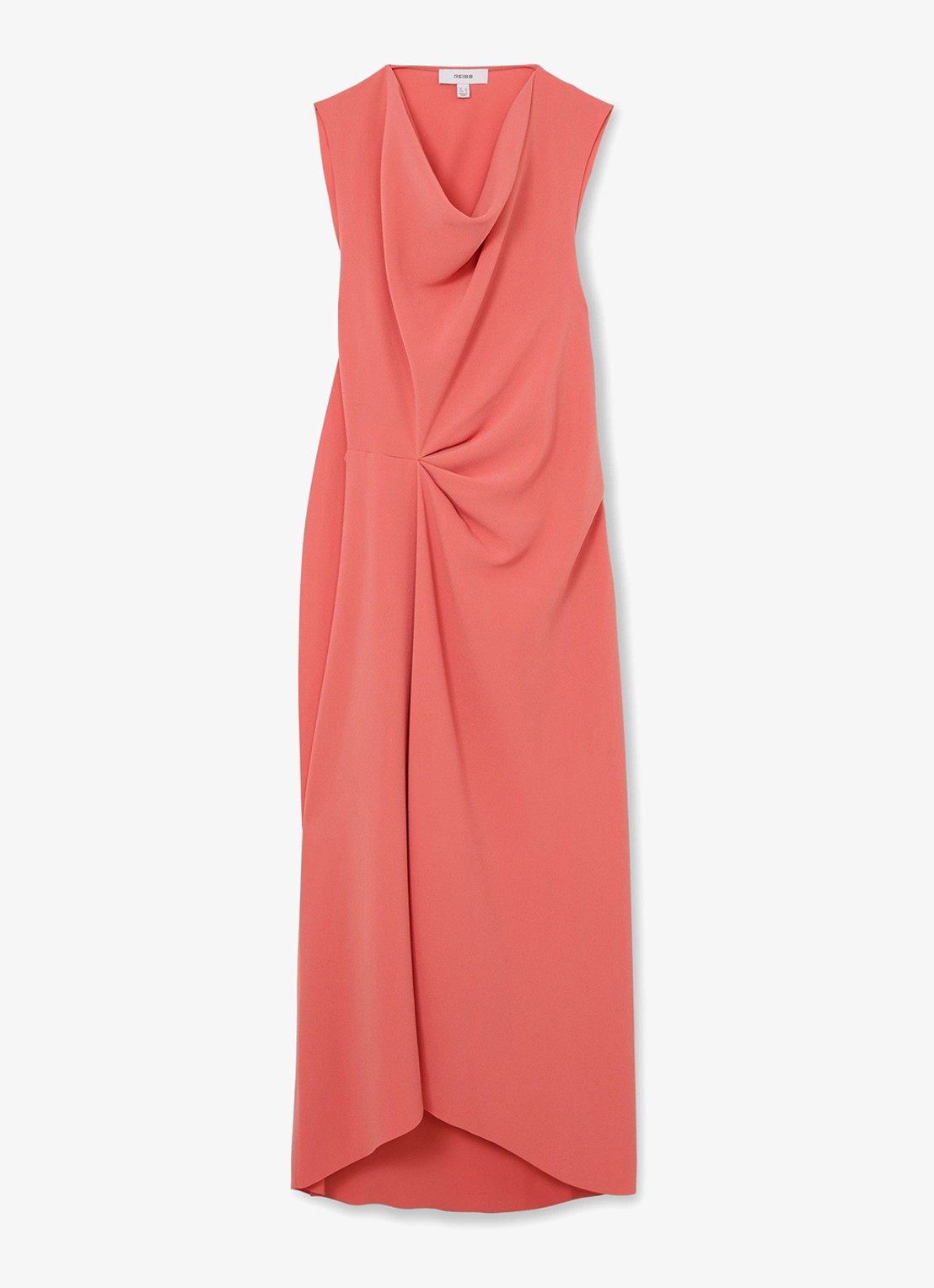 Reiss Petite midi jurk met watervalhals - voorkant 6 koraalroze