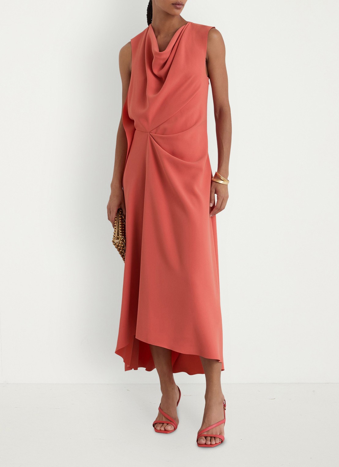 Reiss Petite midi jurk met watervalhals - voorkant 7 koraalroze