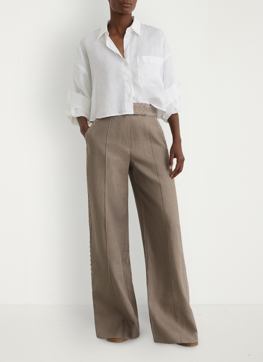 Reiss Petite Mila high waist wide fit pantalon van linnen - voorkant 2 bruin