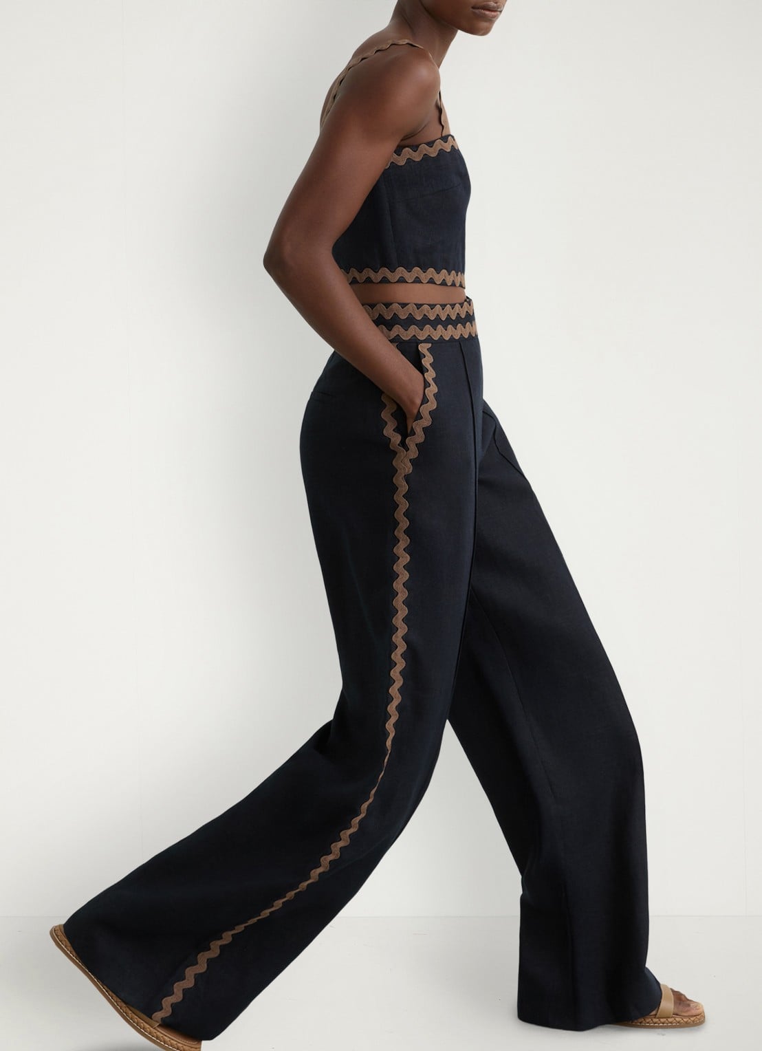 Reiss Petite Mila high waist wide fit pantalon van linnen - detail 4 donkerblauw