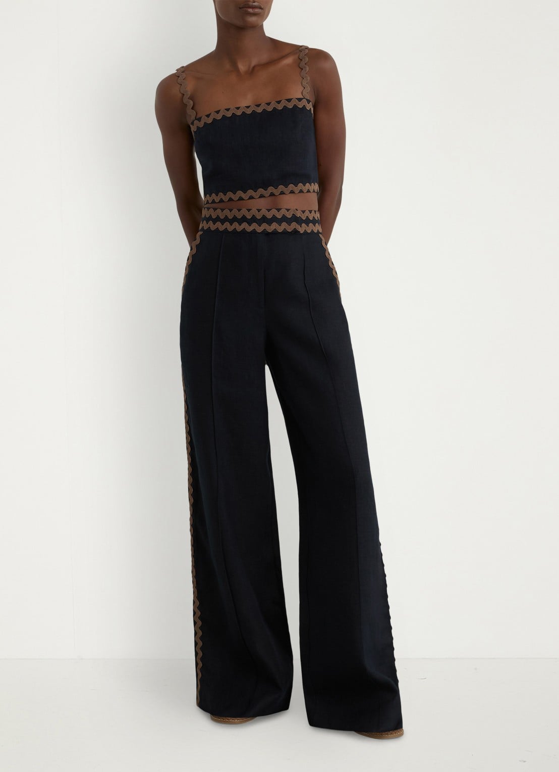 Reiss Petite Mila high waist wide fit pantalon van linnen - voorkant 3 donkerblauw