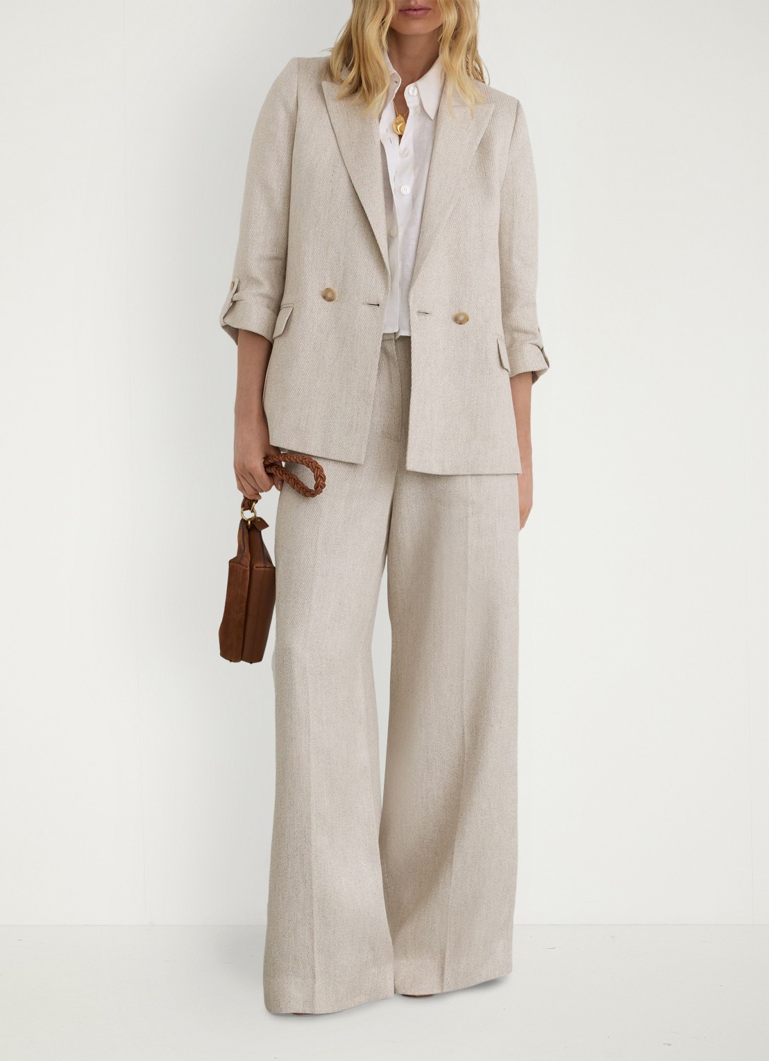 Reiss Petite Nolah double breasted blazer in linnenblend - voorkant 8 naturel
