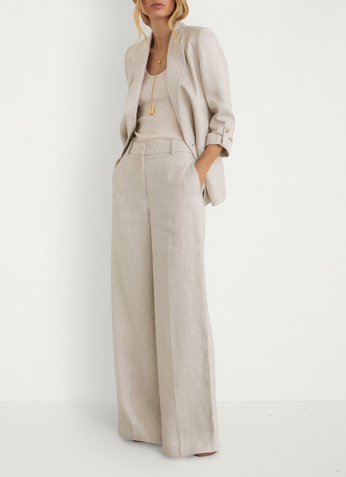 Reiss Petite Nolah high waist wide fit pantalon in linnenblend - detail 6 naturel
