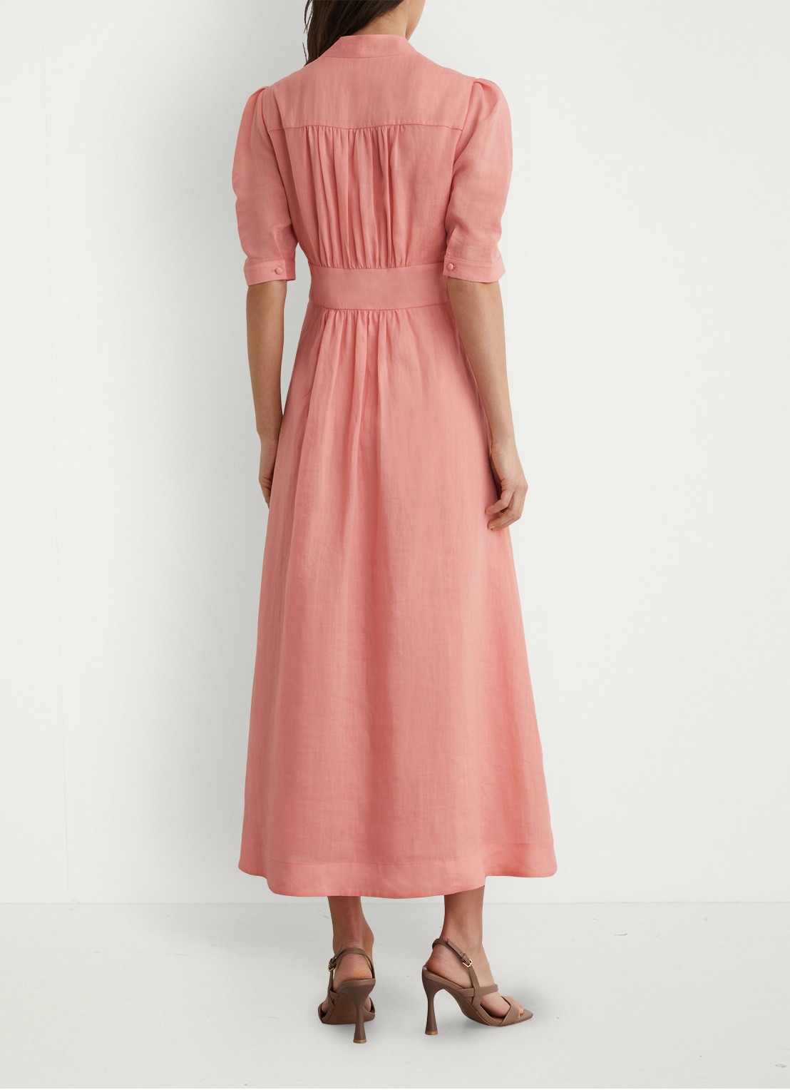 Reiss Petite Poppy midi jurkPETITE POPPY Short-Sleeve Waisted Midi Dress - achterkant 5 oudroze
