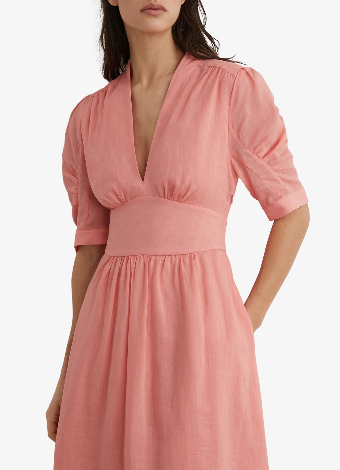 Reiss Petite Poppy midi jurkPETITE POPPY Short-Sleeve Waisted Midi Dress - detail oudroze