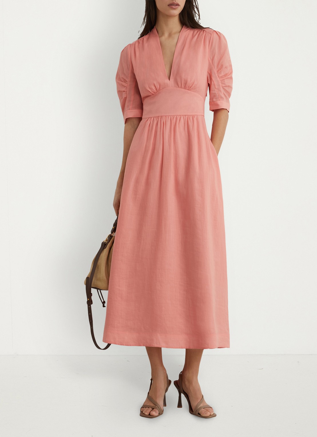 Reiss Petite Poppy midi jurkPETITE POPPY Short-Sleeve Waisted Midi Dress - detail 3 oudroze