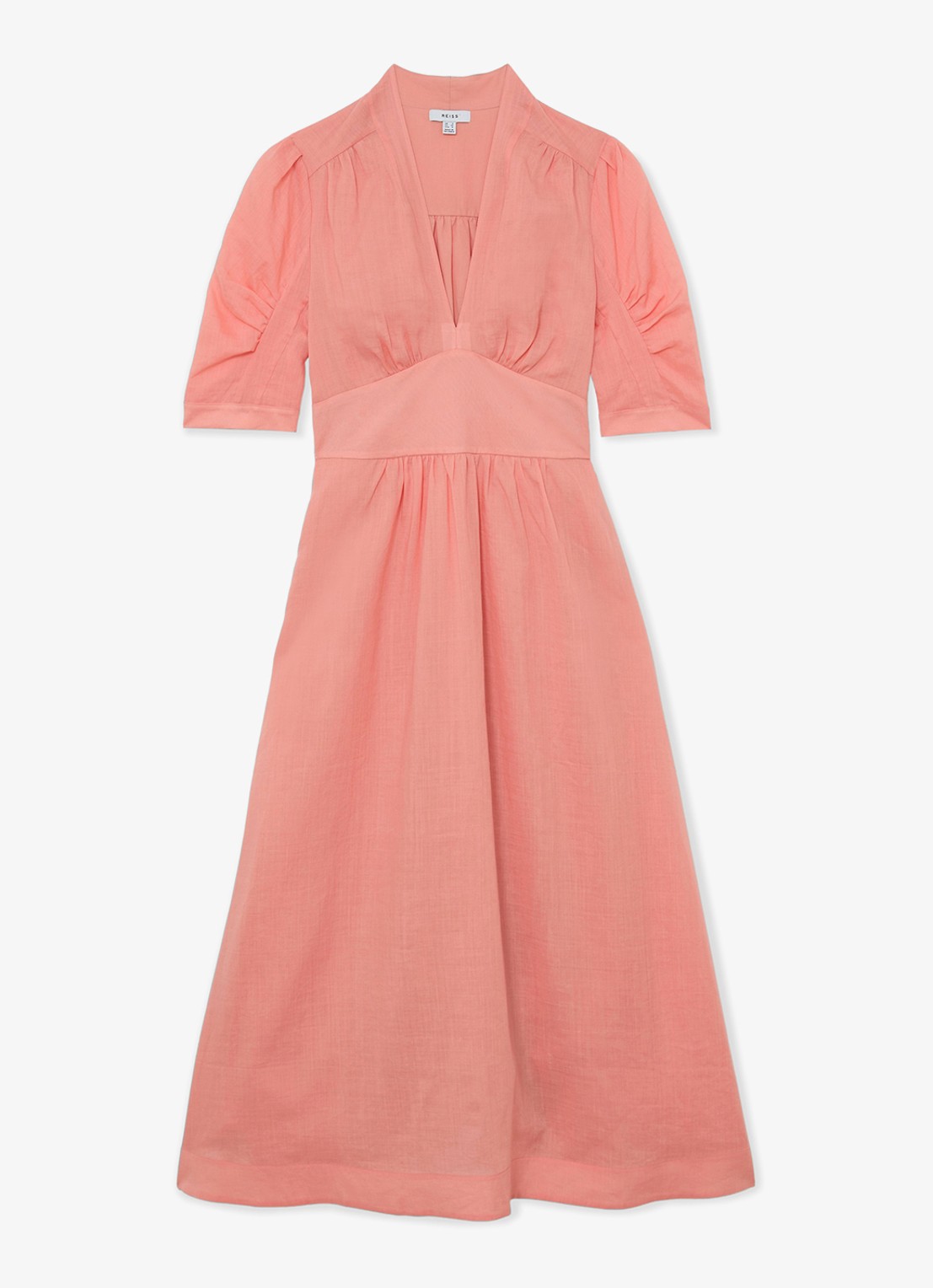 Reiss Petite Poppy midi jurkPETITE POPPY Short-Sleeve Waisted Midi Dress - voorkant 6 oudroze