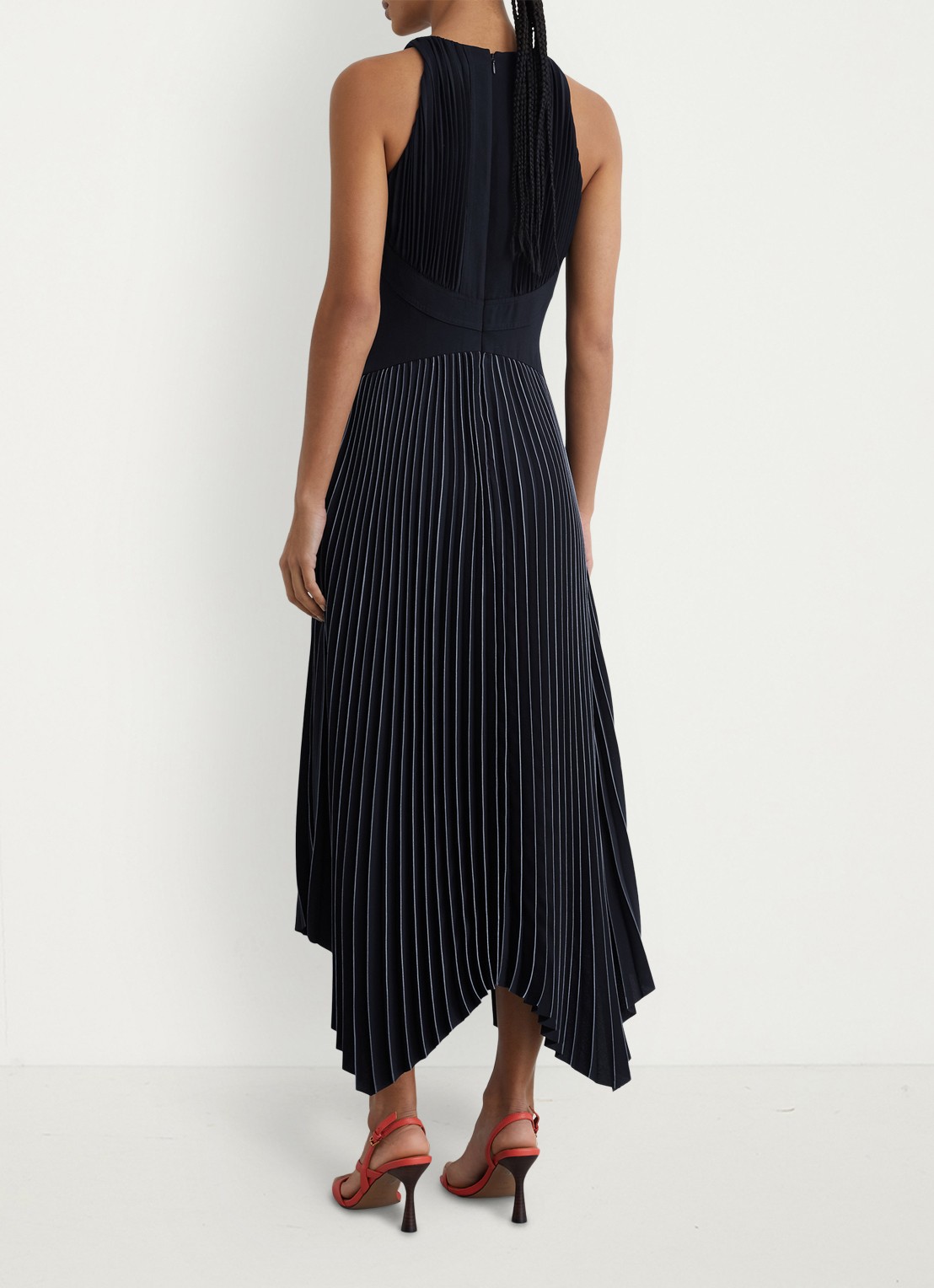 Reiss Petite Rachel midi jurk met plooien - achterkant 6 donkerblauw