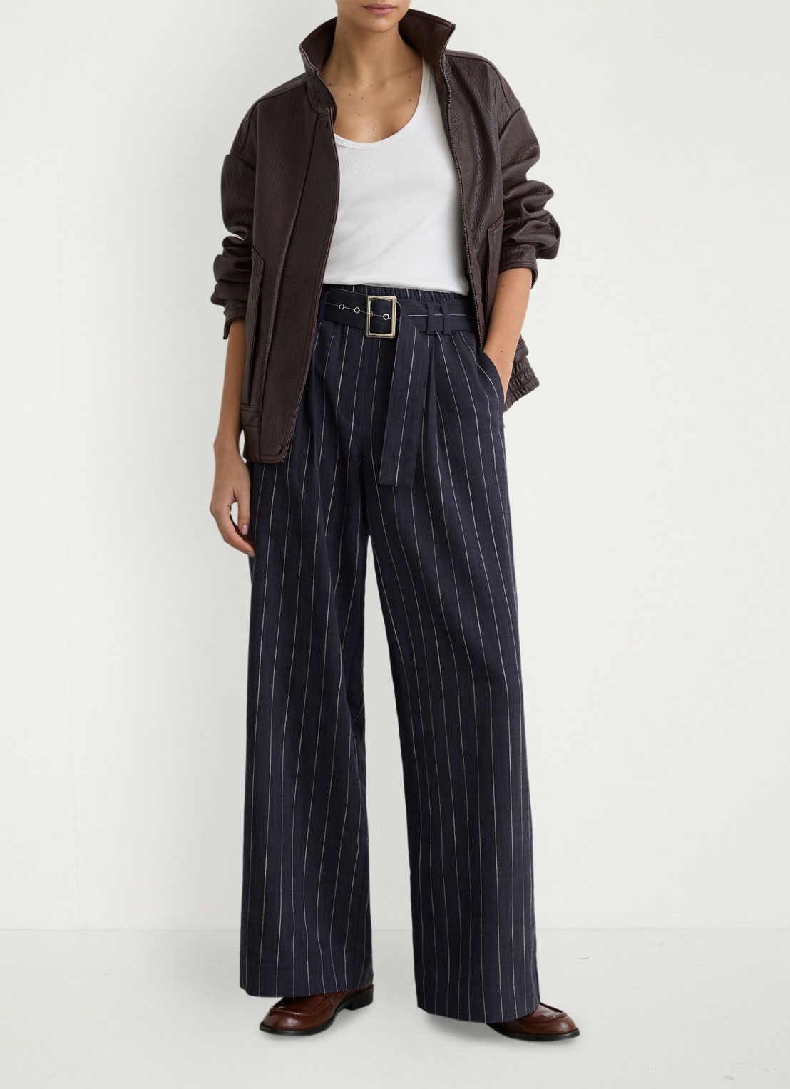Reiss Petite Rae high waist wide leg pantalon met krijtstreep - voorkant 2 blauw