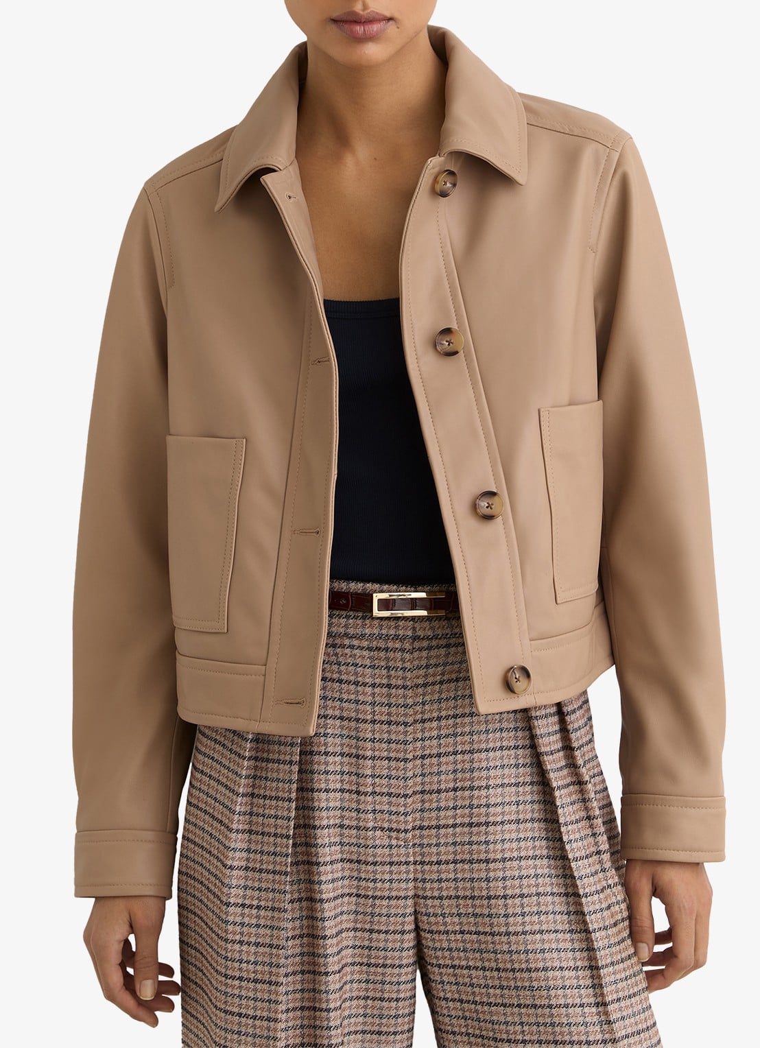 Reiss Petite Sonny jack van leer met opgestikte zakken - detail 4 bruin