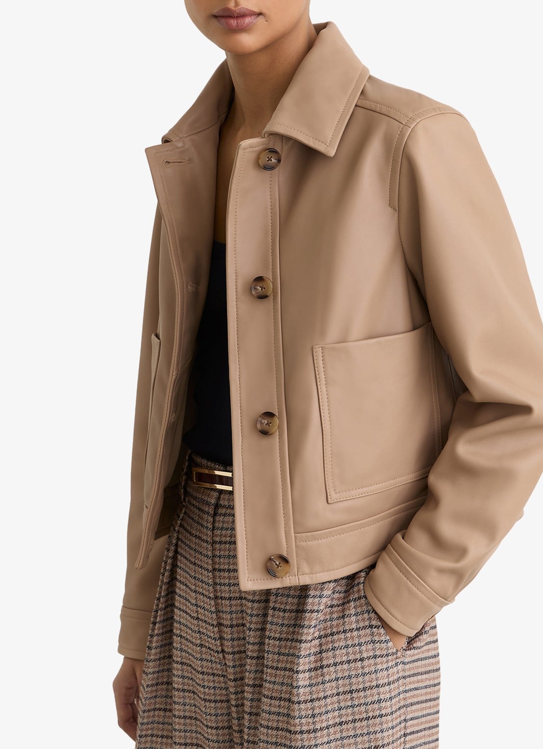 Reiss Petite Sonny jack van leer met opgestikte zakken - detail 6 bruin