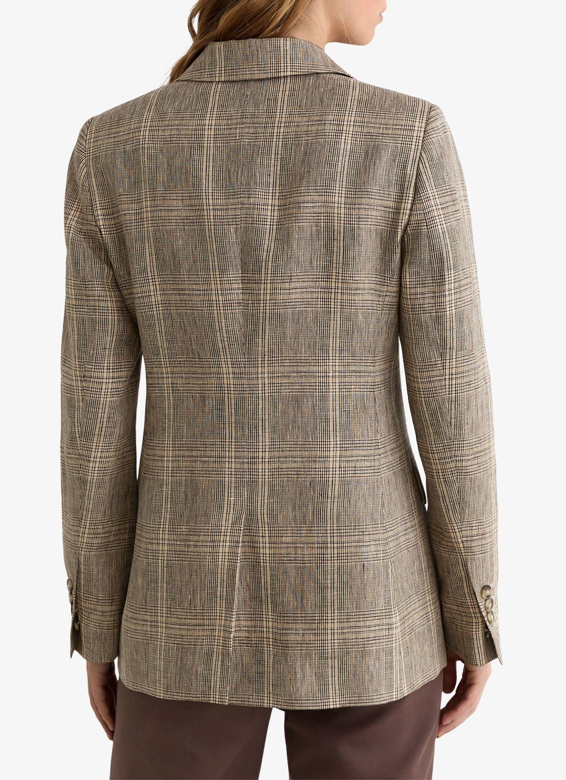 Reiss Petite Sybil double-breasted blazer van linnen met ruitdessin - achterkant beige